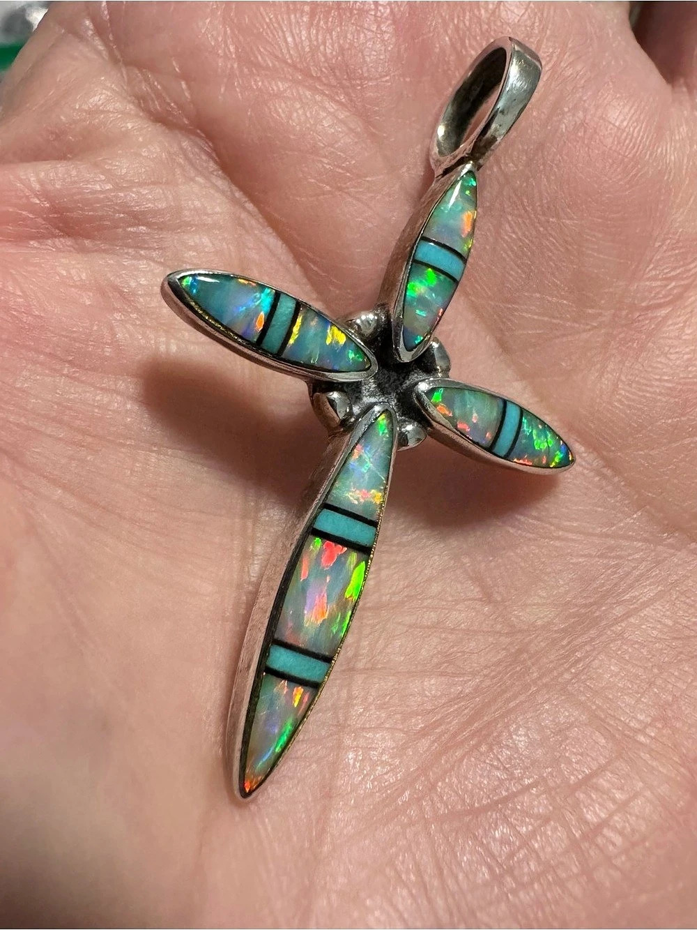 Authentic Albert Cleveland Navajo sterling silver/opal mosaic cross pendant